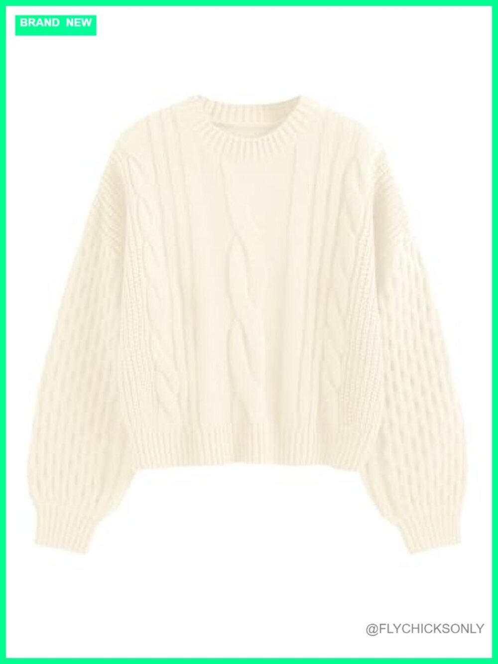 Cable Knit Sweater Long Lantern Sleeve Crewneck Pullover